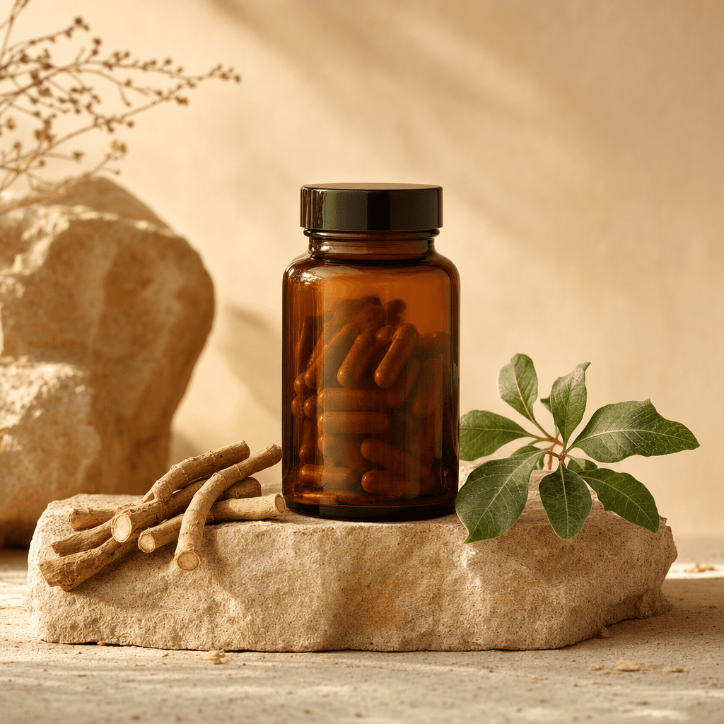 Amber glass bottle of Calm Ashwagandha with ashwagandha root and leaf styled beside it
