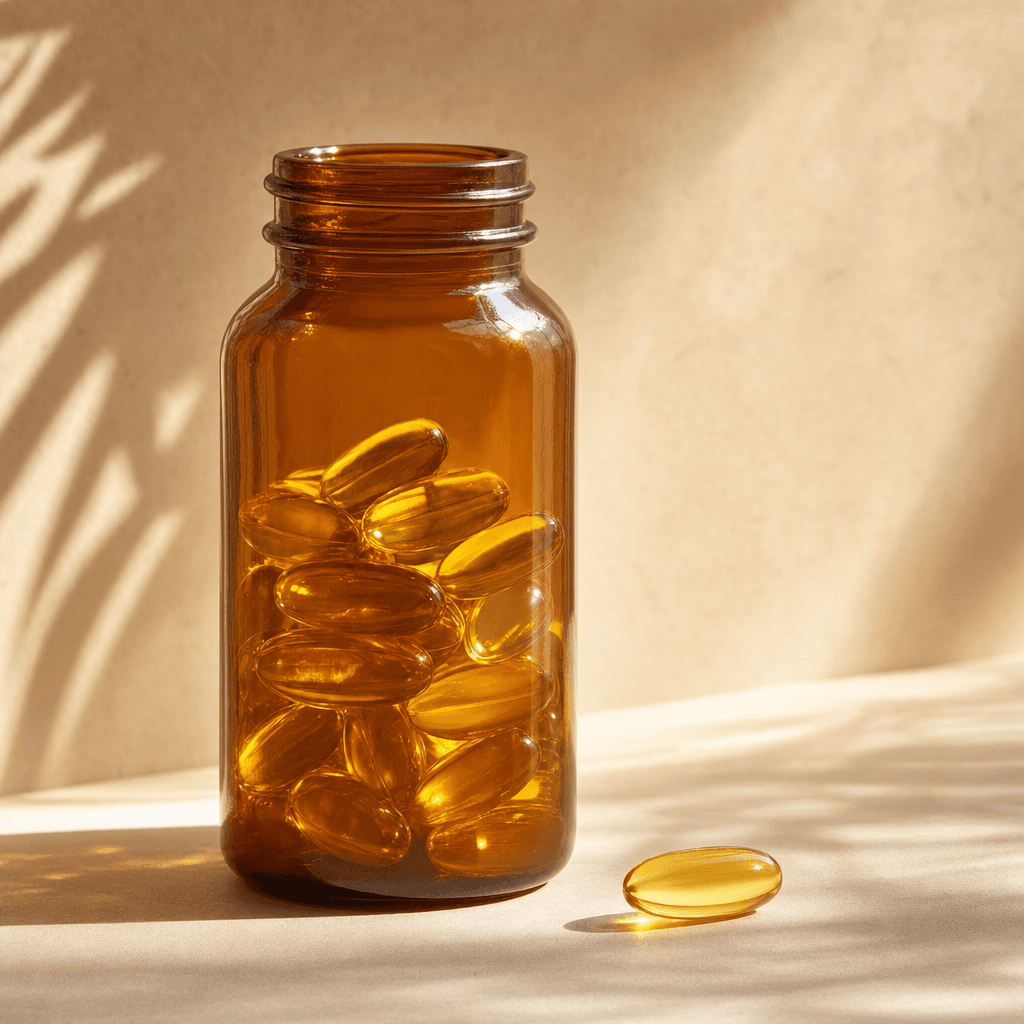 Amber glass softgel bottle of Daily D3 plus K2 with a single golden oil drop detail in sunlit studio