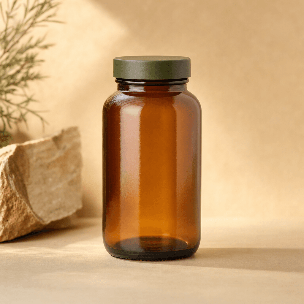 Amber glass bottle of Everyday Magnesium 300mg on a warm sand surface with soft studio light