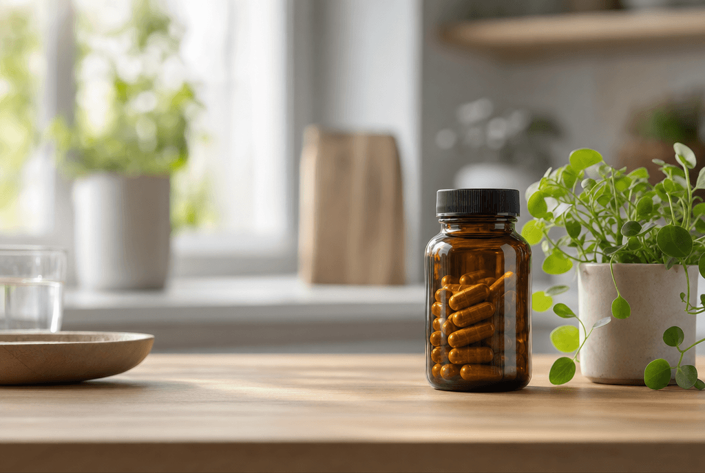Amber glass Rooted supplement bottles on warm linen with scattered botanicals in morning light