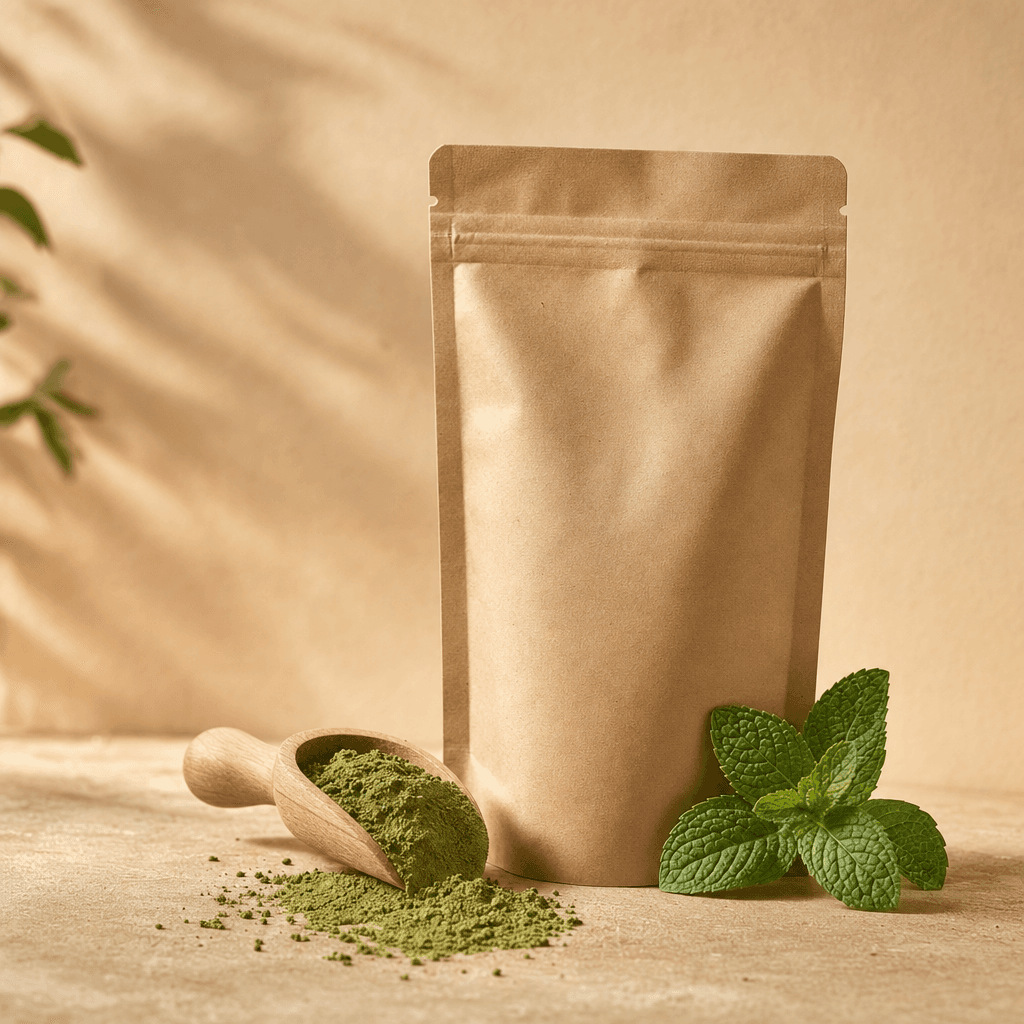 Pouch of Morning Greens powder with a scoop and fresh mint sprig on a sand surface