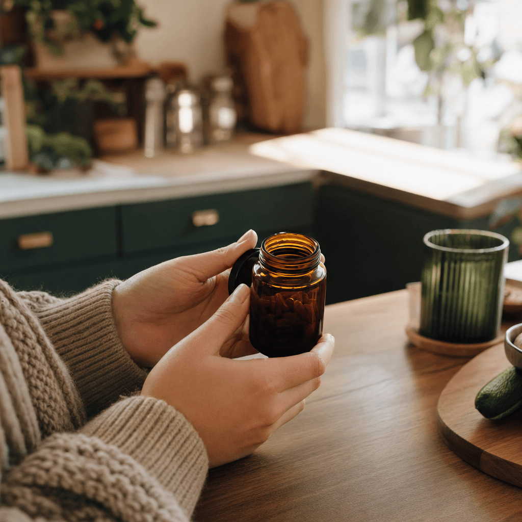 Hands holding an open amber Rooted supplement bottle over a warm wood counter