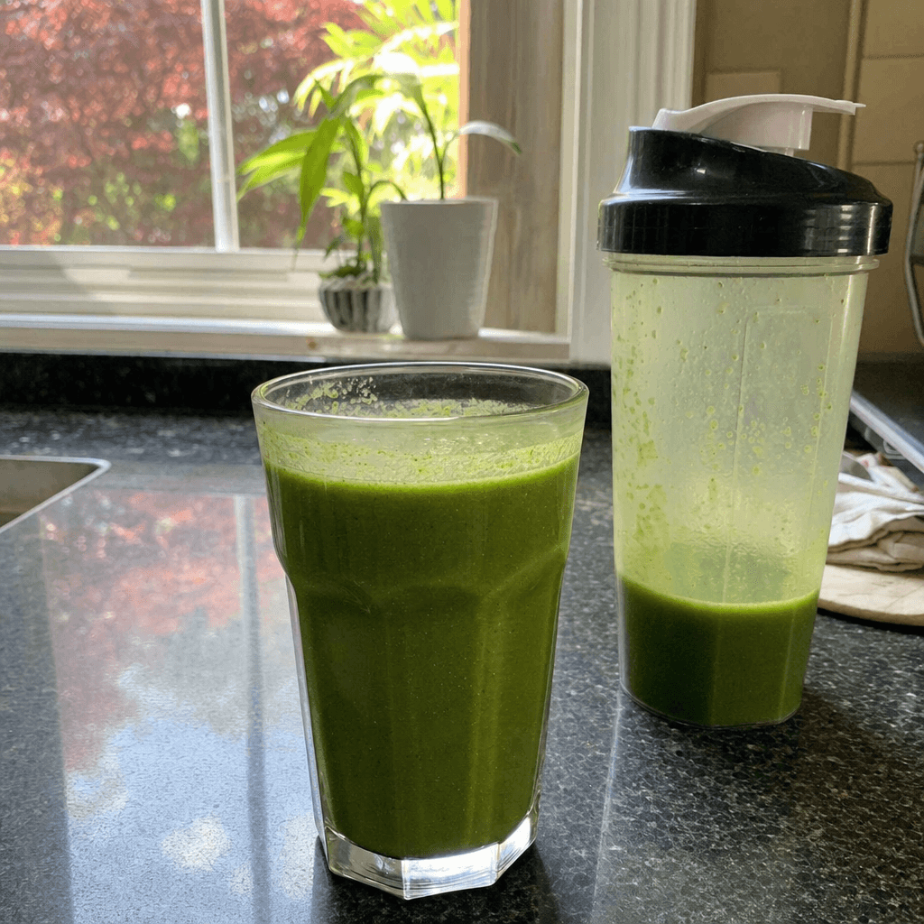 Morning Greens powder scoop resting on a wooden counter by a window — casual kitchen supplement shot
